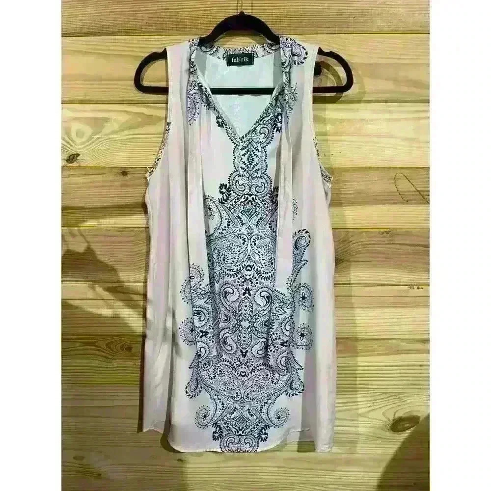 fab'rik Geometric Print Shift Dress with Tie-Neck, size M